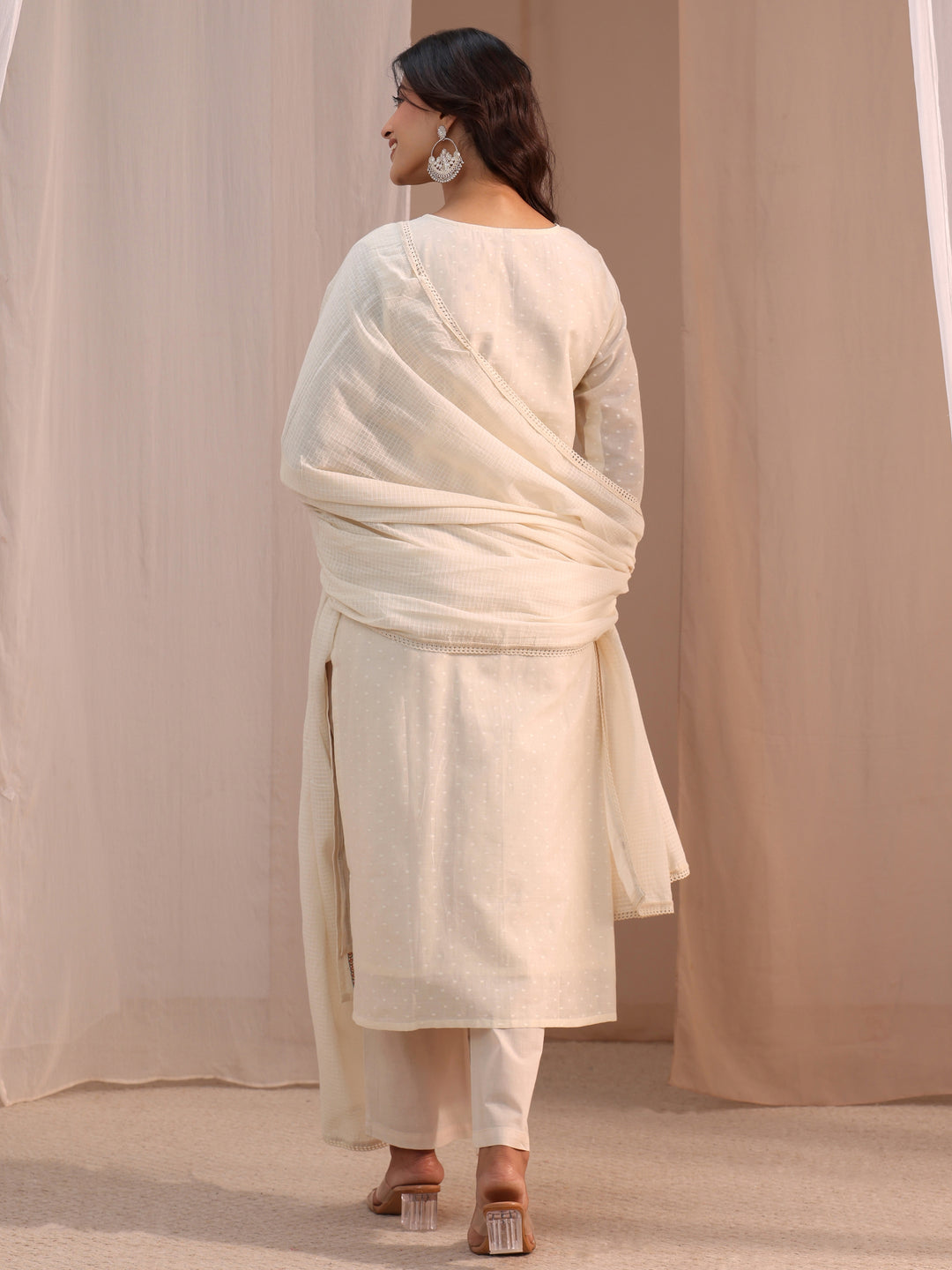  Libas Off White Floral Embroidered Cotton Blend Straight Suit Set 