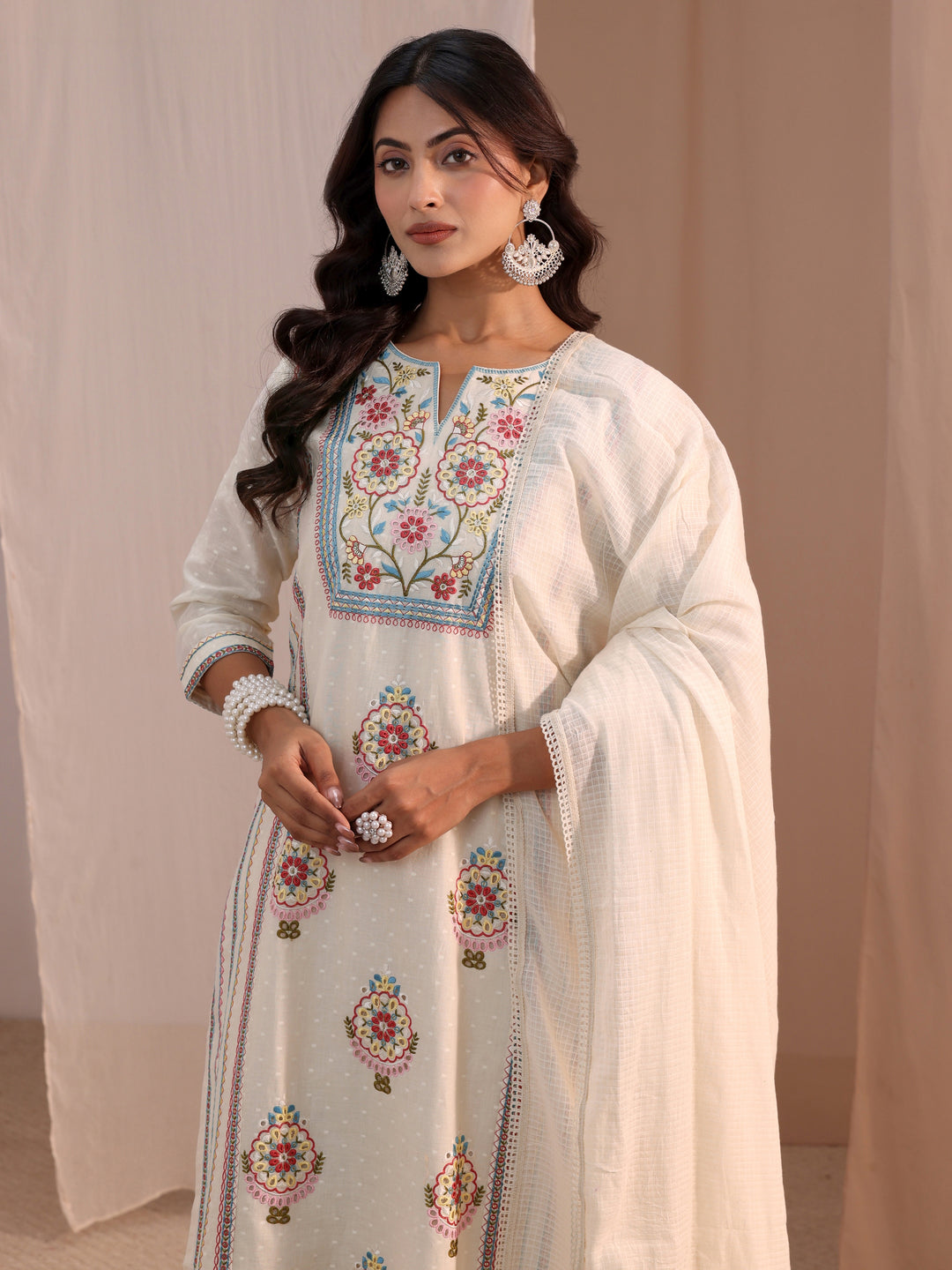  Libas Off White Floral Embroidered Cotton Blend Straight Suit Set 