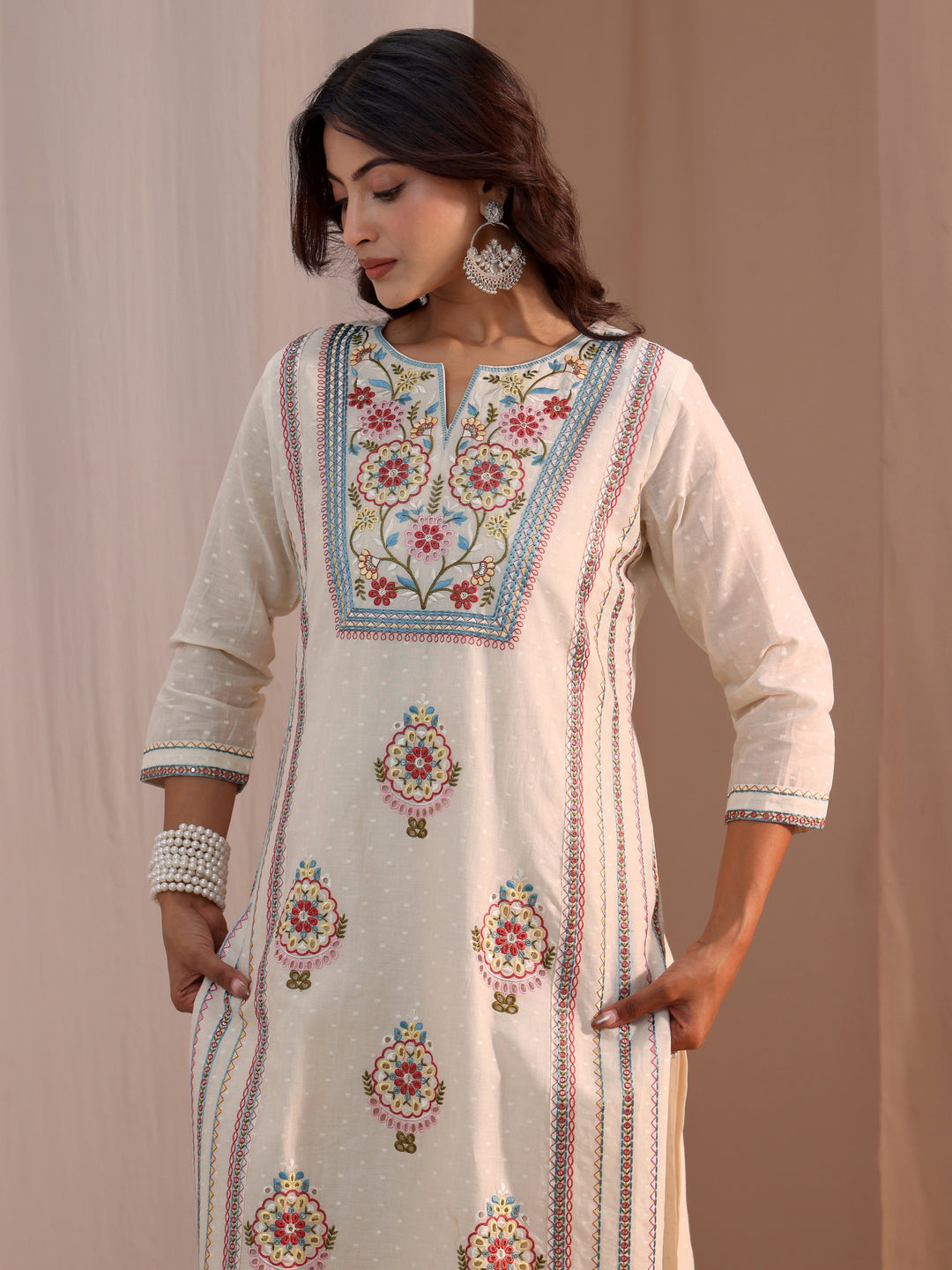  Libas Off White Floral Embroidered Cotton Blend Straight Suit Set 
