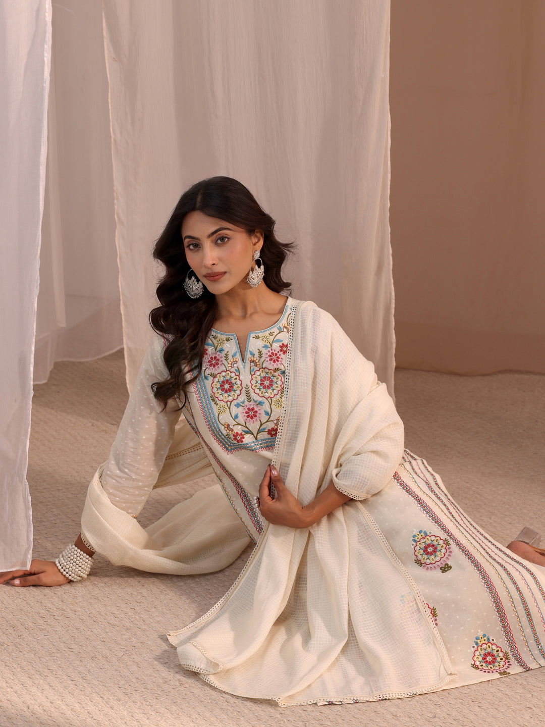  Libas Off White Floral Embroidered Cotton Blend Straight Suit Set 