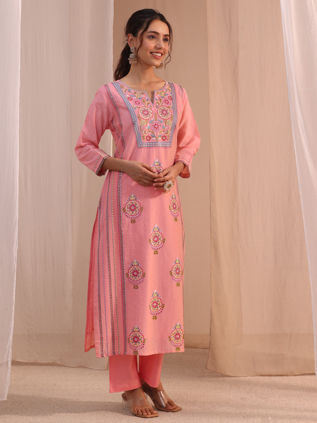  Libas Peach Floral Embroidered Cotton Blend Straight Suit Set 