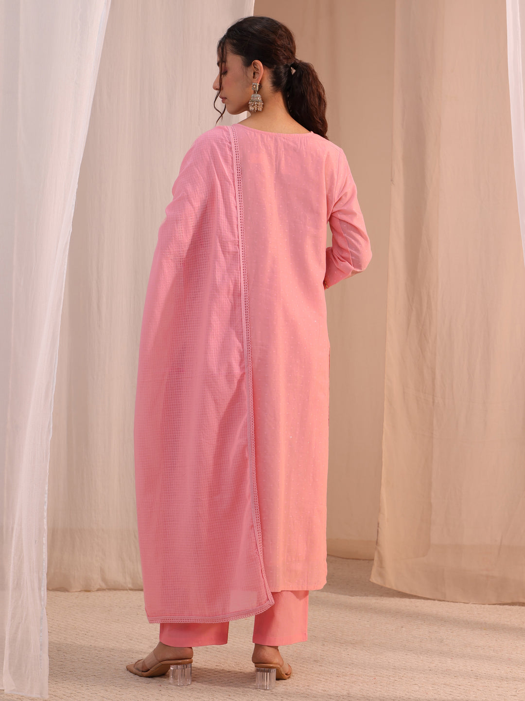  Libas Peach Floral Embroidered Cotton Blend Straight Suit Set 