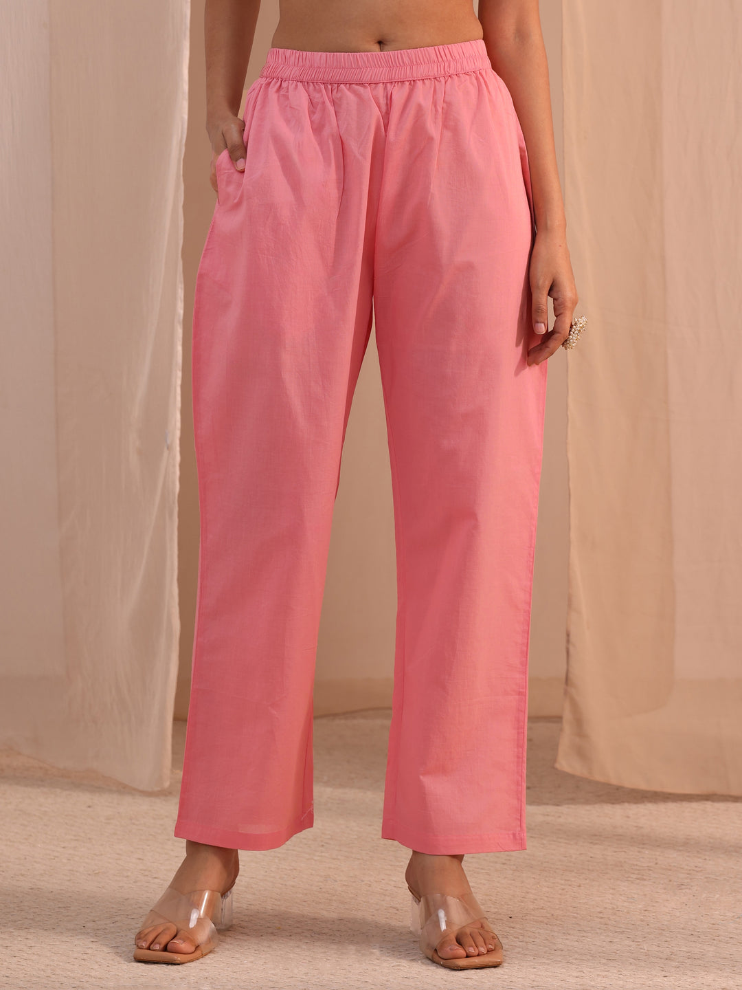  Libas Peach Floral Embroidered Cotton Blend Straight Suit Set 