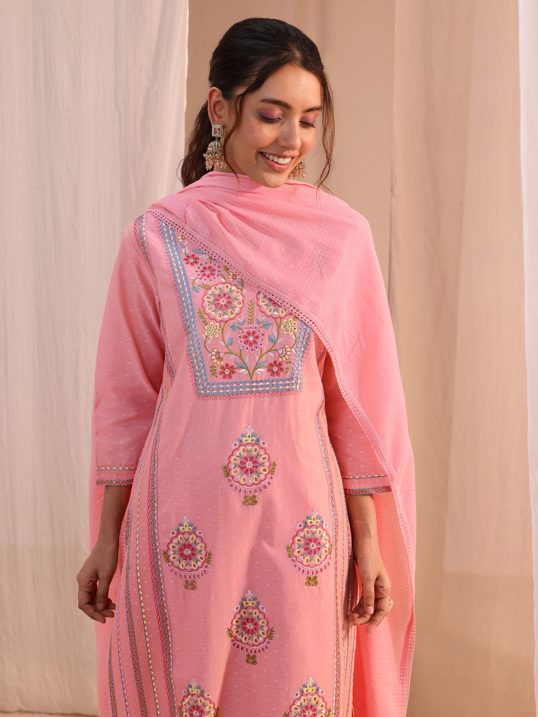  Libas Peach Floral Embroidered Cotton Blend Straight Suit Set 
