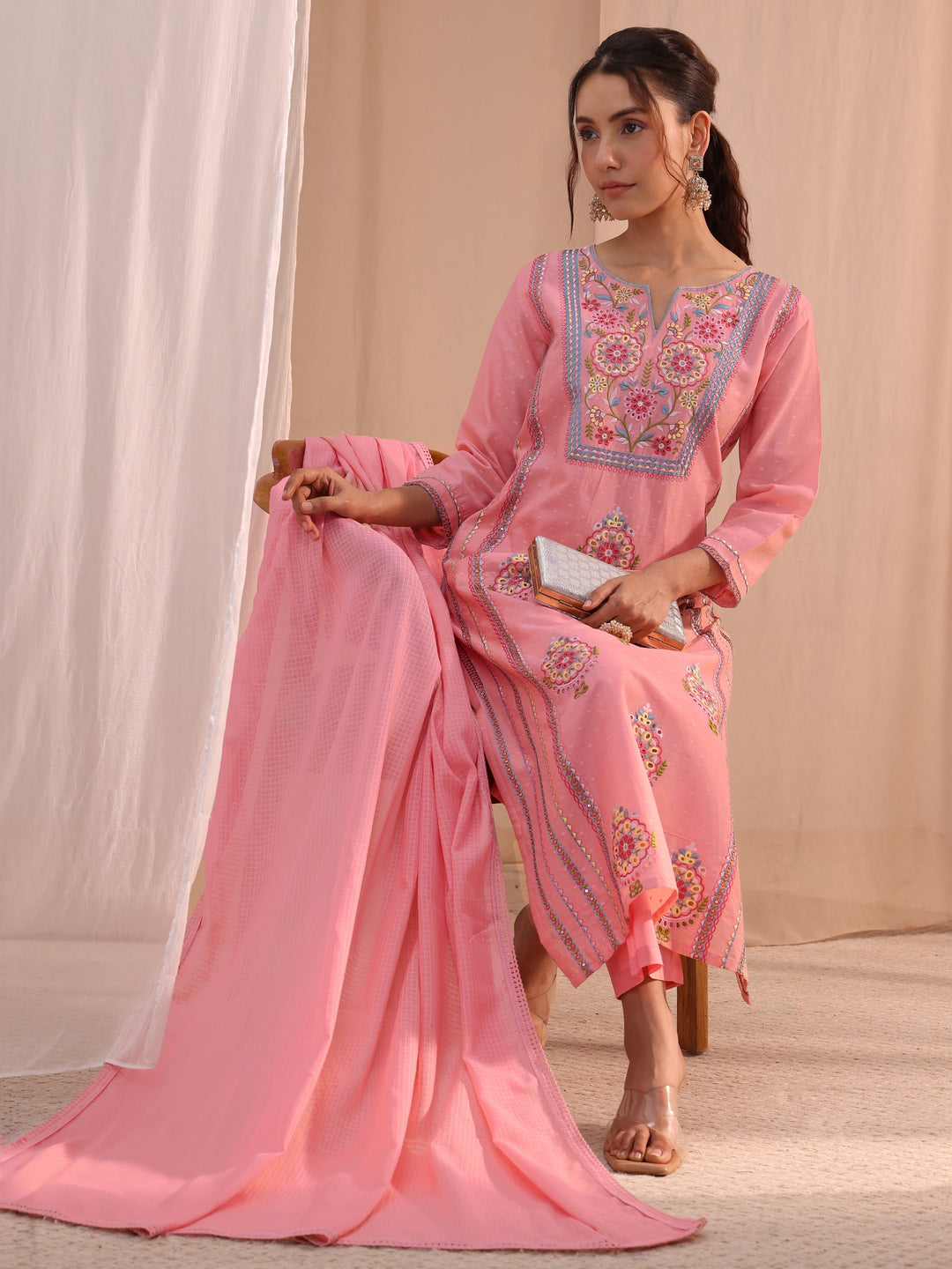  Libas Peach Floral Embroidered Cotton Blend Straight Suit Set 