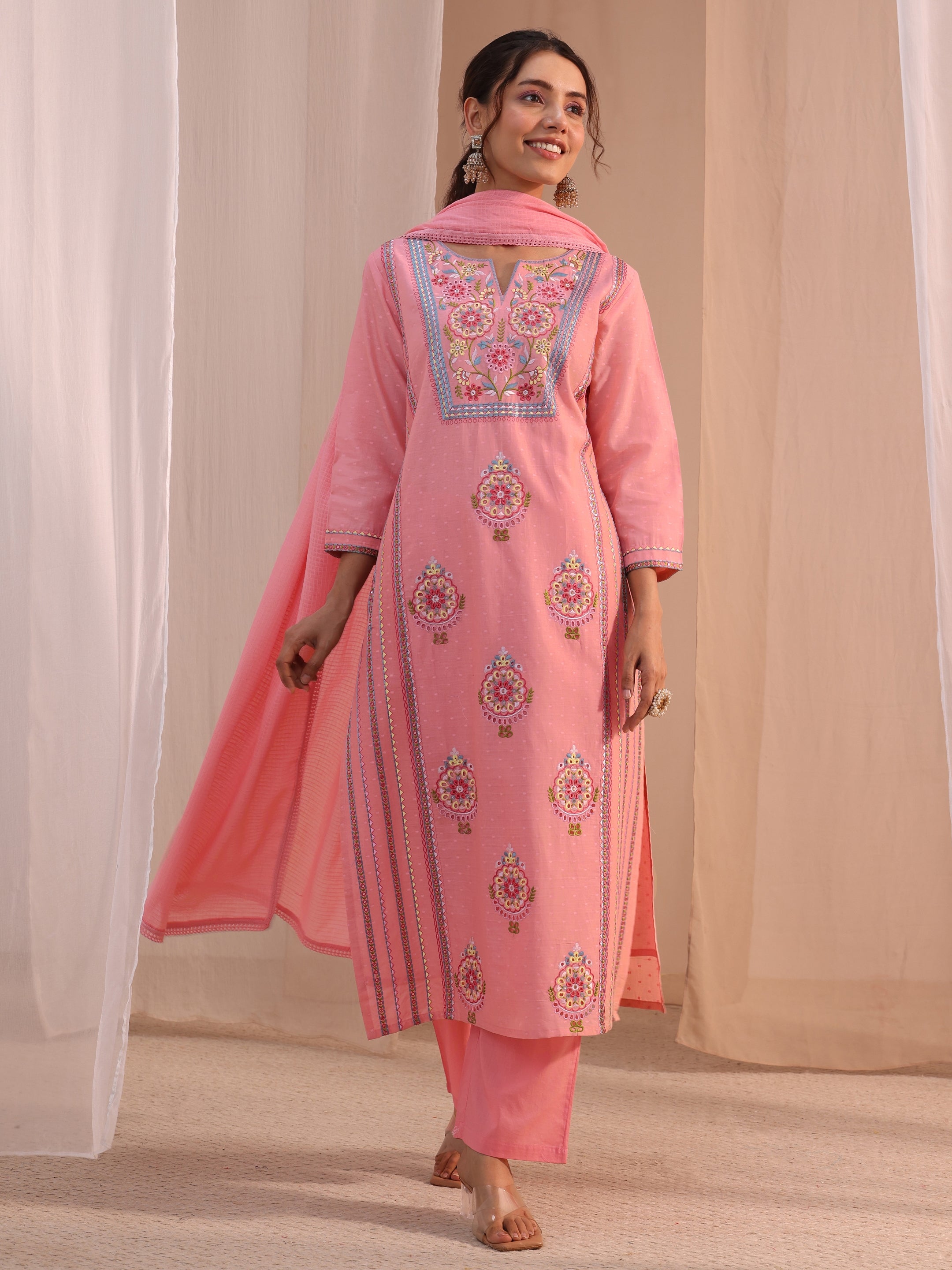 Libas Peach Floral Embroidered Cotton Blend Straight Suit Set-picture-13