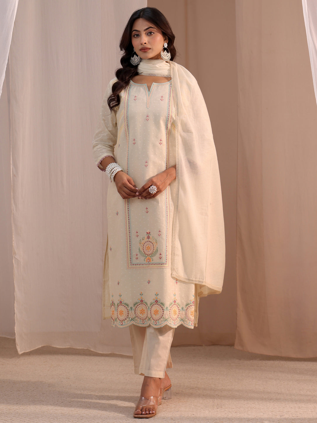  Libas Off White Embroidered Cotton Blend Straight Suit Set 