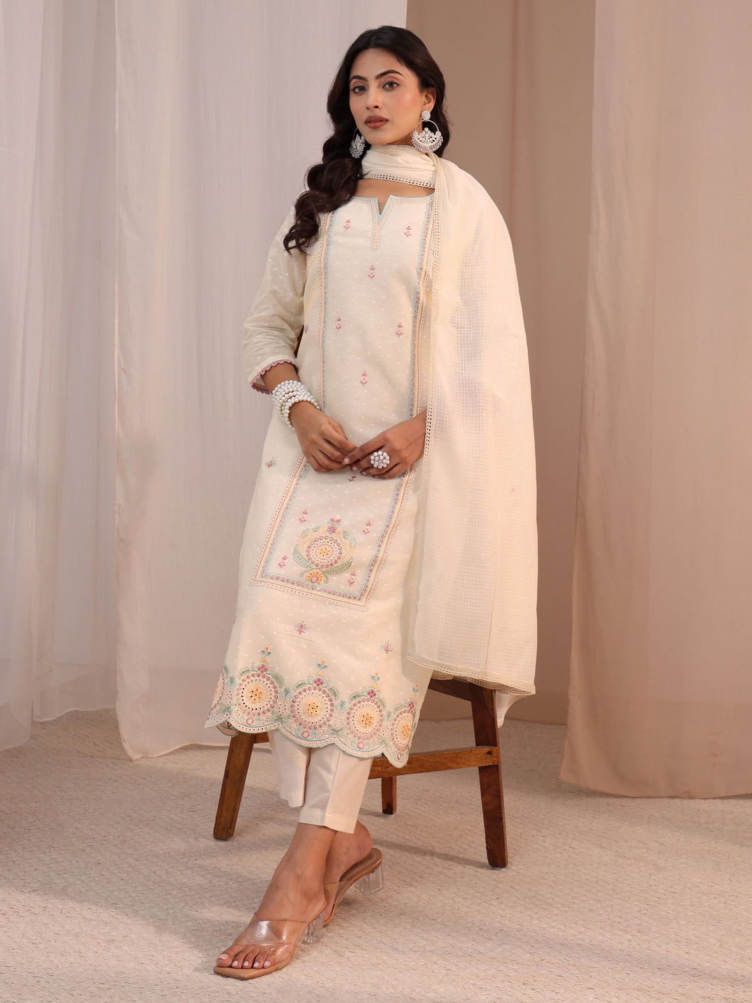  Libas Off White Embroidered Cotton Blend Straight Suit Set 