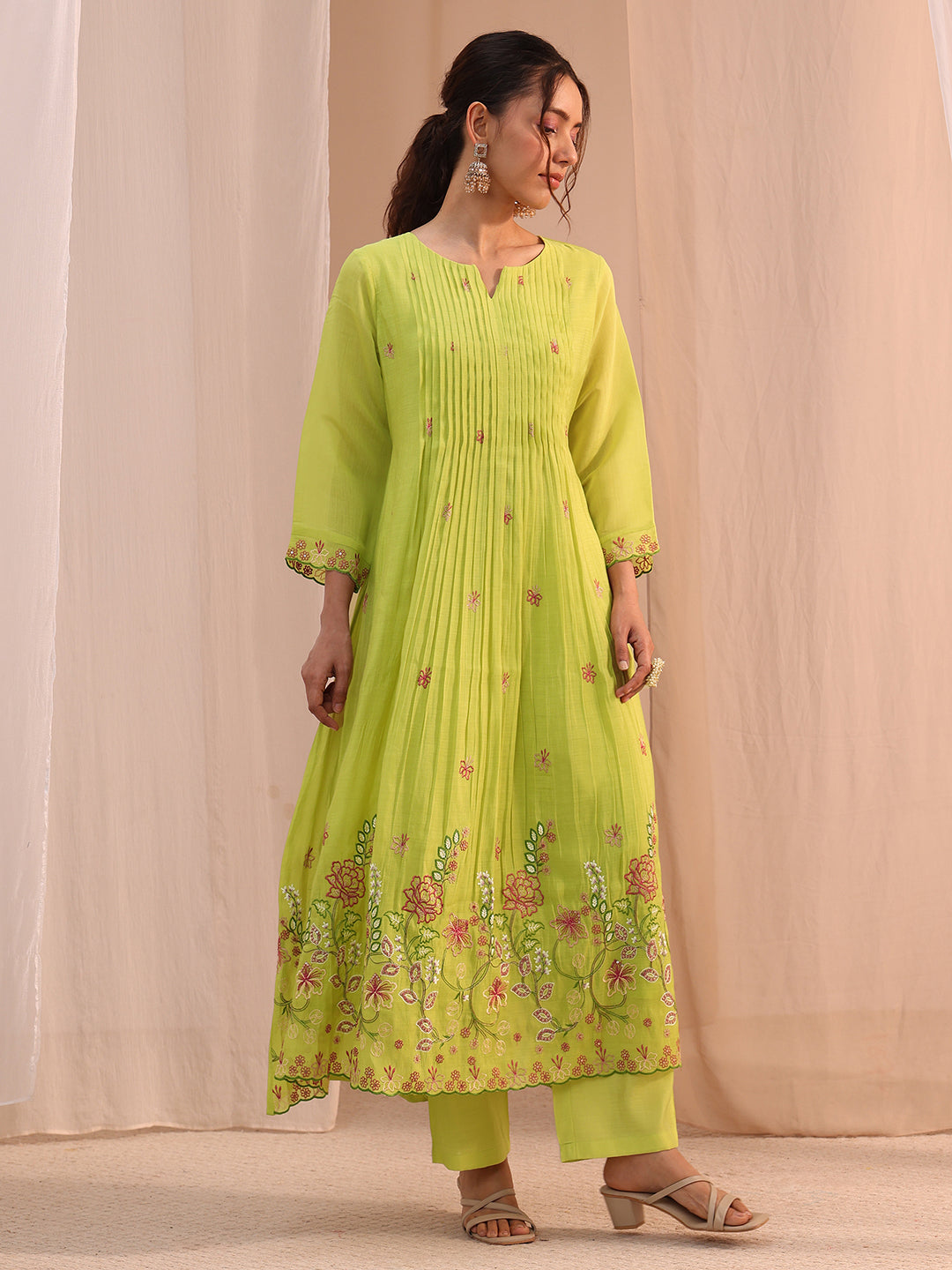  Green Floral Embroidered Chanderi Cotton Anarkali Suit Set 