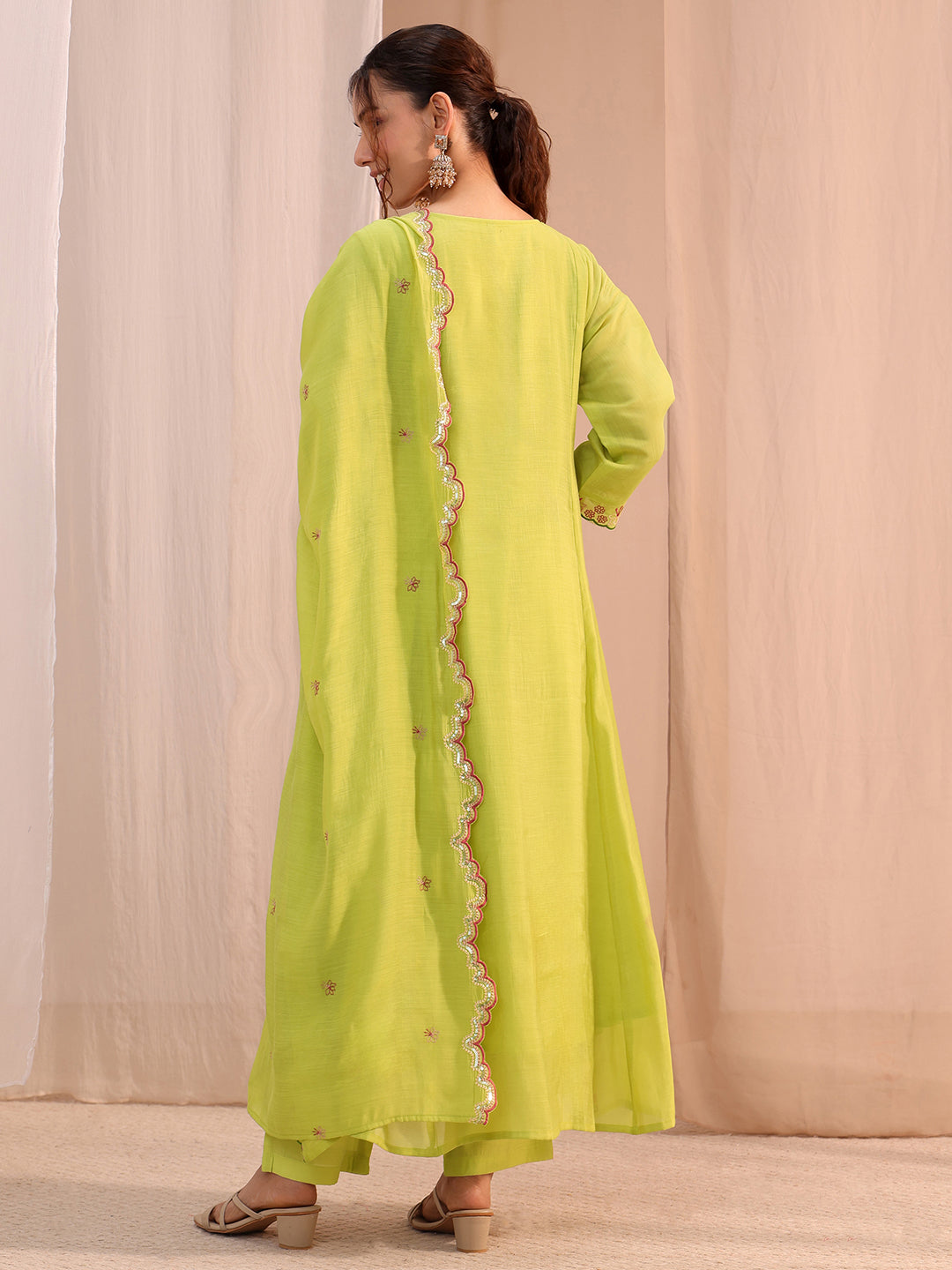  Green Floral Embroidered Chanderi Cotton Anarkali Suit Set 