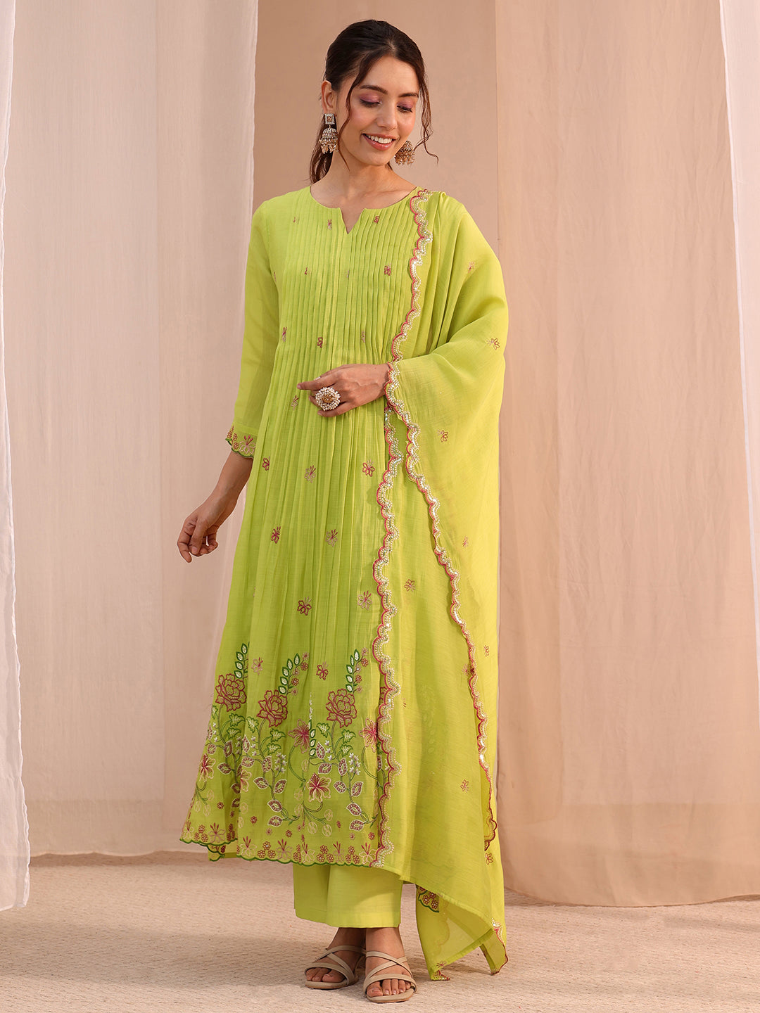  Green Floral Embroidered Chanderi Cotton Anarkali Suit Set 