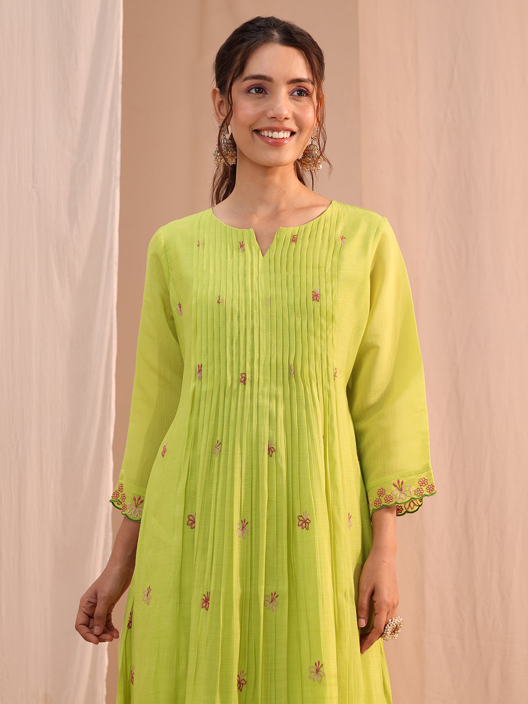  Green Floral Embroidered Chanderi Cotton Anarkali Suit Set 