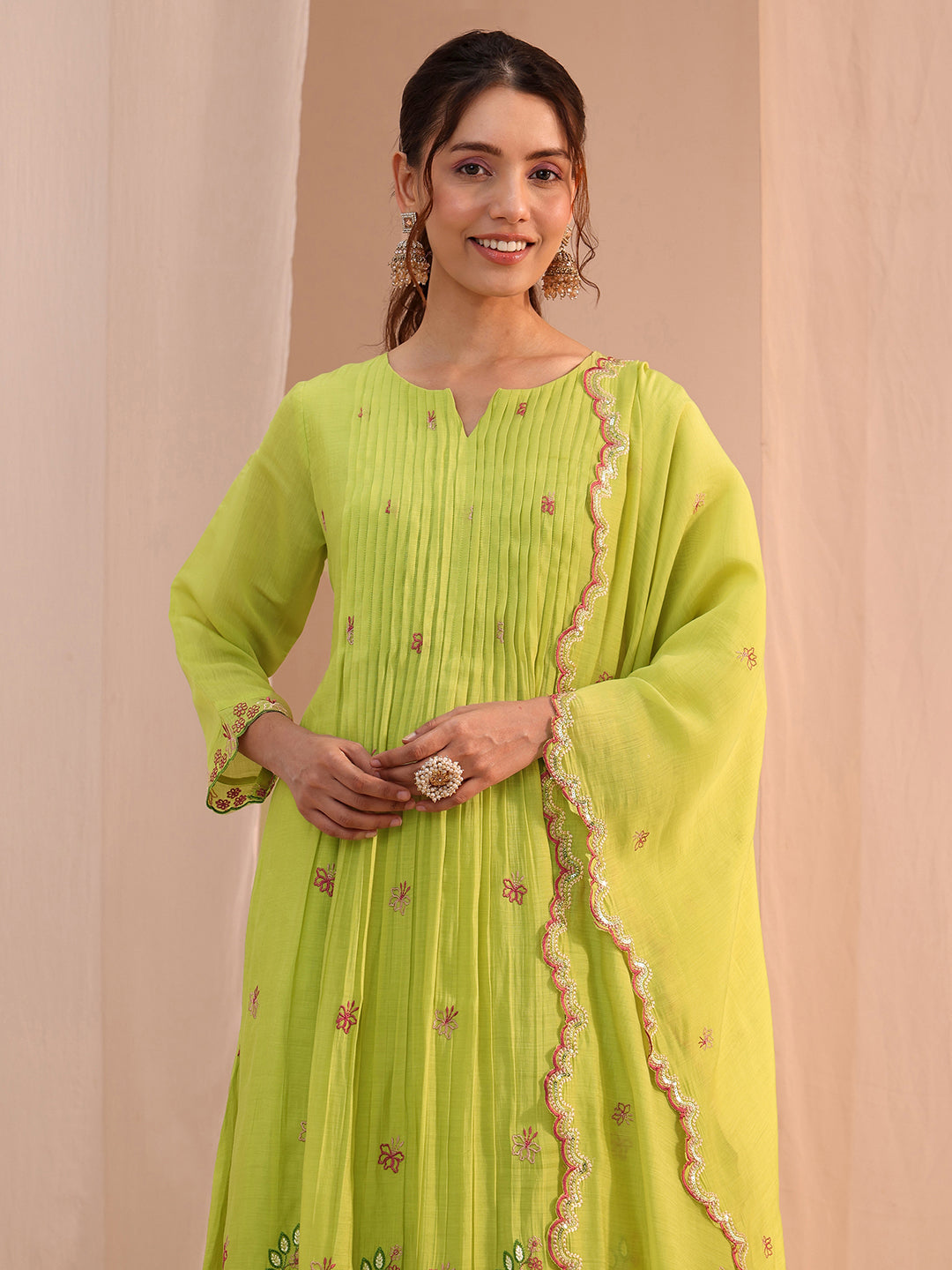  Green Floral Embroidered Chanderi Cotton Anarkali Suit Set 