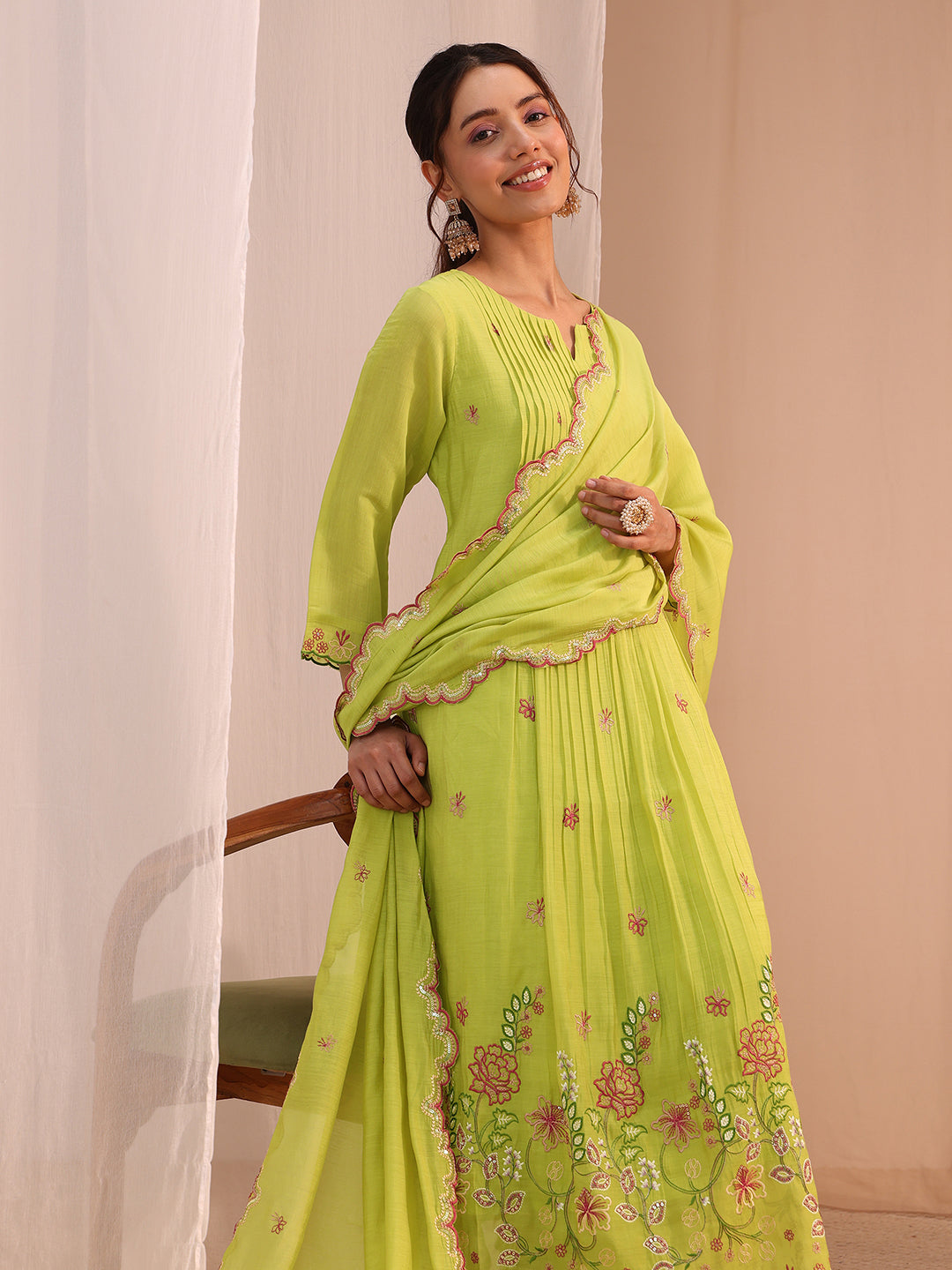 libas Green Floral Embroidered Chanderi Cotton Anarkali Suit Set-picture-52