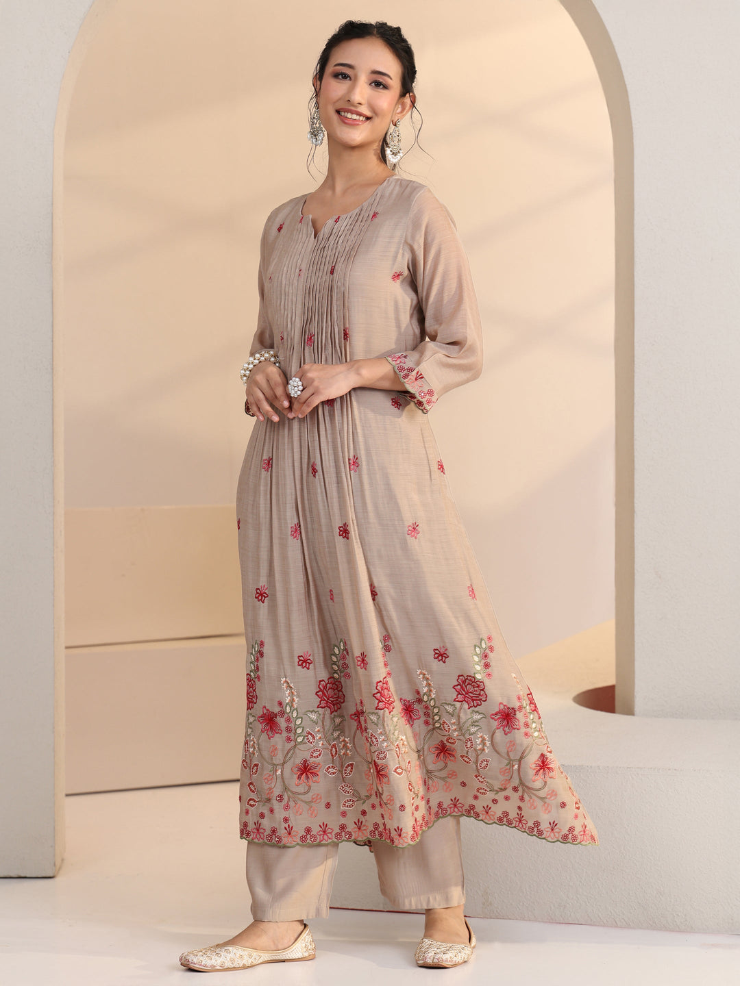  Beige Floral Embroidered Chanderi Cotton A-Line Suit Set 