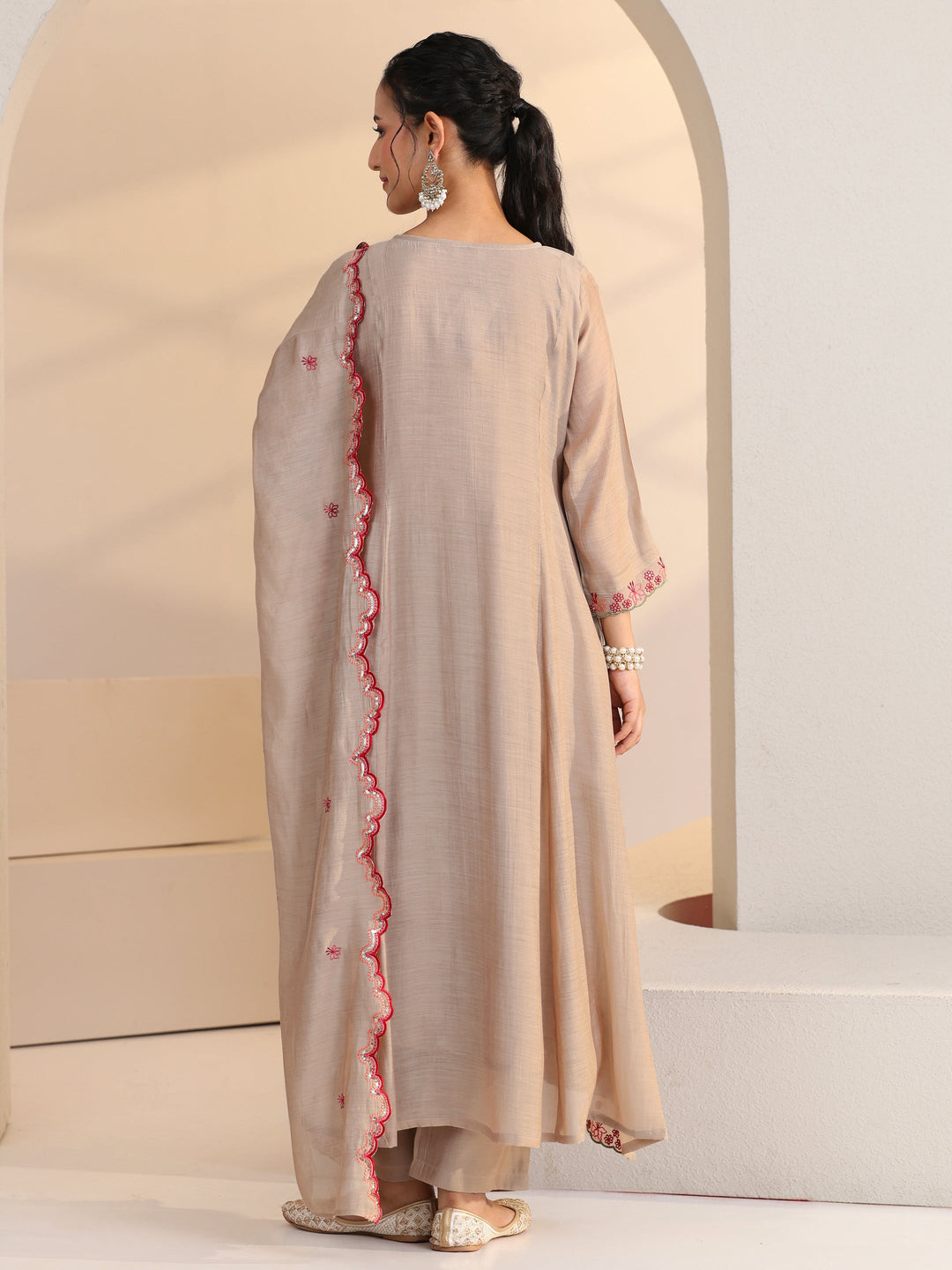  Beige Floral Embroidered Chanderi Cotton A-Line Suit Set 