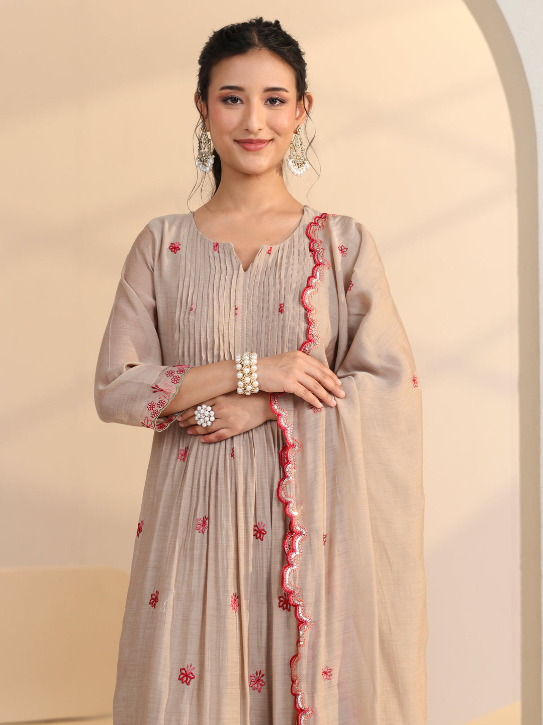  Beige Floral Embroidered Chanderi Cotton A-Line Suit Set 