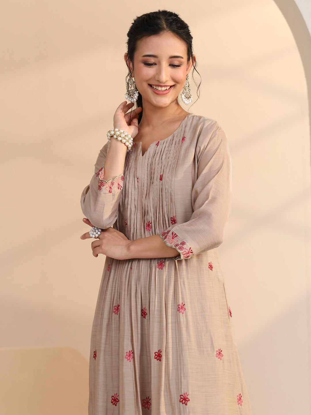  Beige Floral Embroidered Chanderi Cotton A-Line Suit Set 