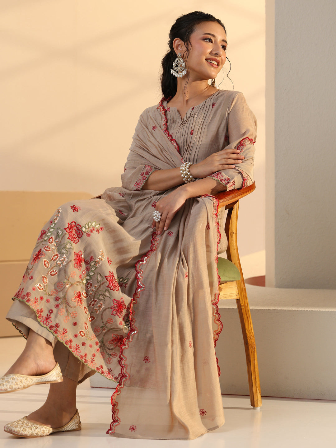  Beige Floral Embroidered Chanderi Cotton A-Line Suit Set 