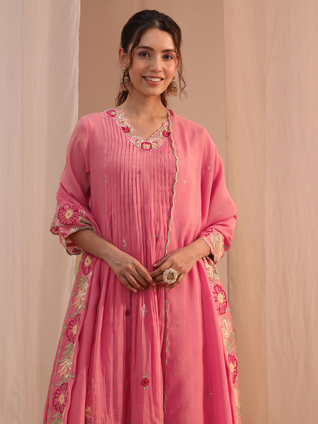  Libas Pink Floral Embroidered Chanderi Cotton A-Line Suit Set 