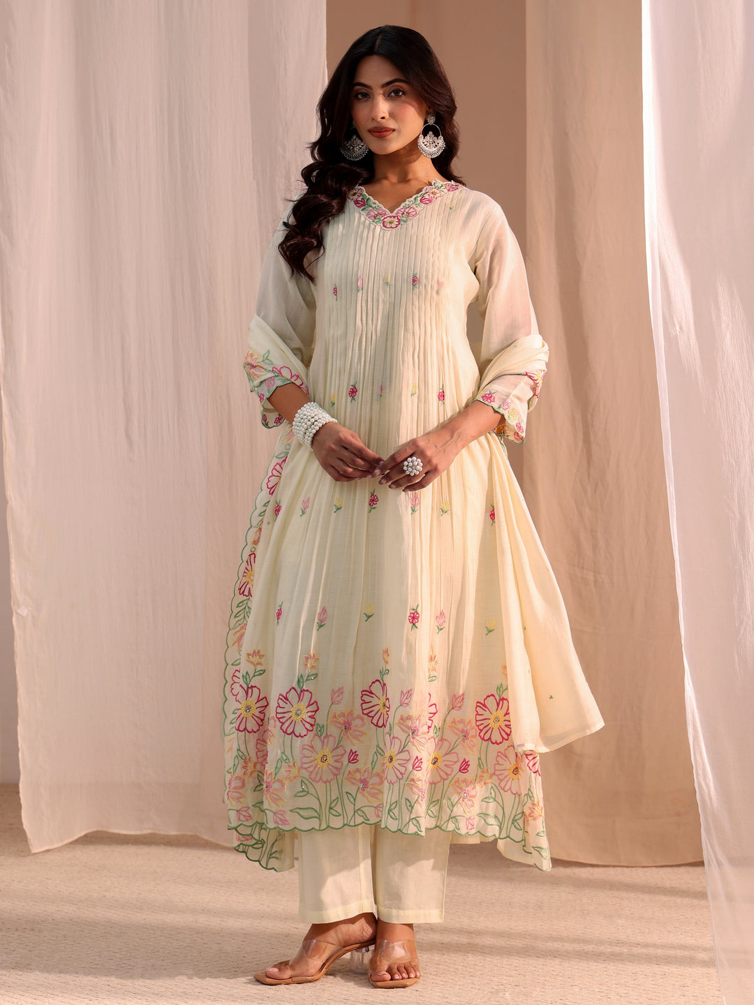  Libas White Floral Embroidered Chanderi Cotton Anarkali Suit Set 