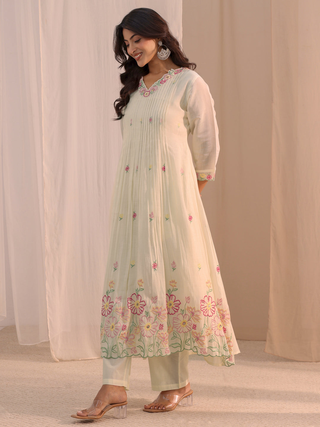  Libas White Floral Embroidered Chanderi Cotton Anarkali Suit Set 