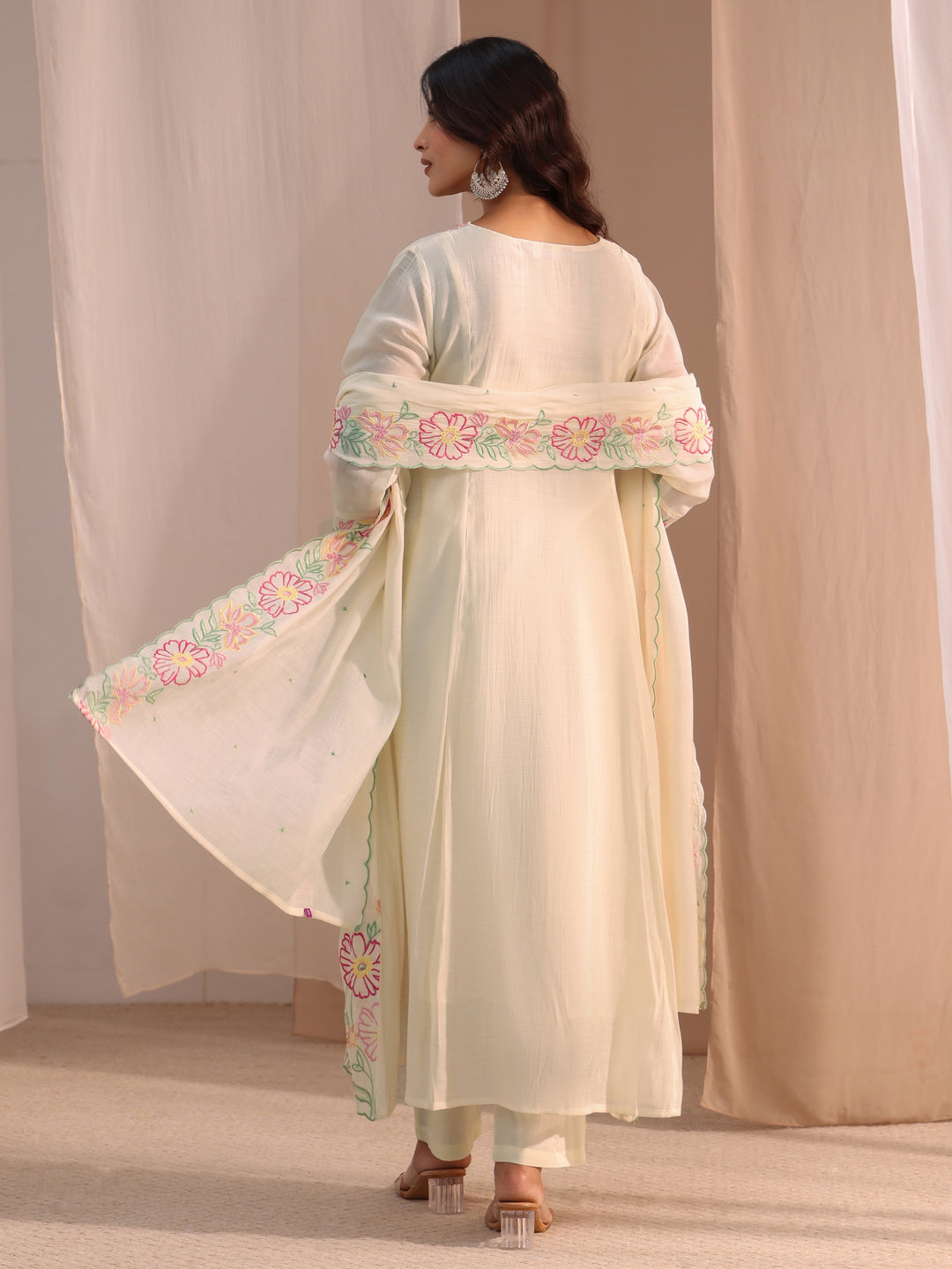  Libas White Floral Embroidered Chanderi Cotton Anarkali Suit Set 