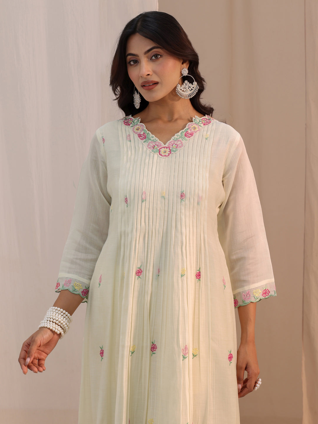  Libas White Floral Embroidered Chanderi Cotton Anarkali Suit Set 