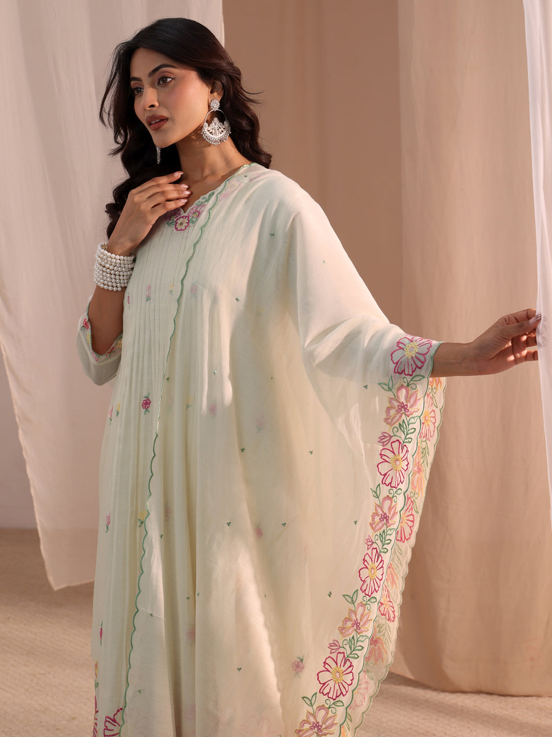  Libas White Floral Embroidered Chanderi Cotton Anarkali Suit Set 