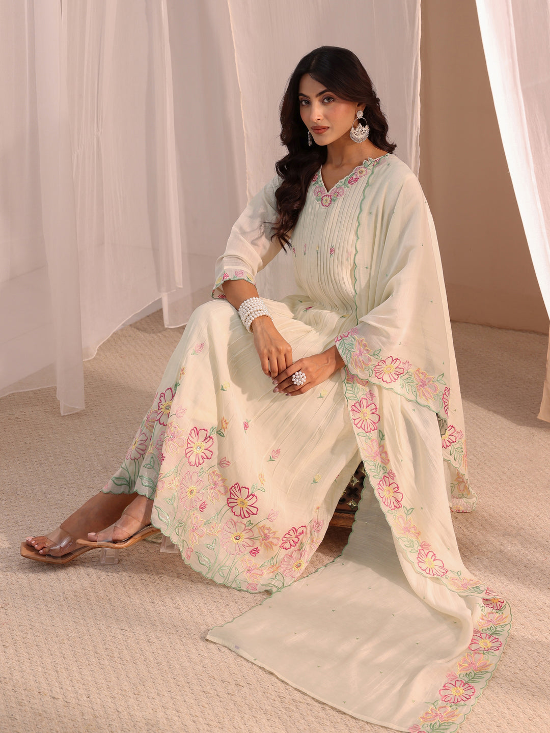 Libas White Floral Embroidered Chanderi Cotton Anarkali Suit Set