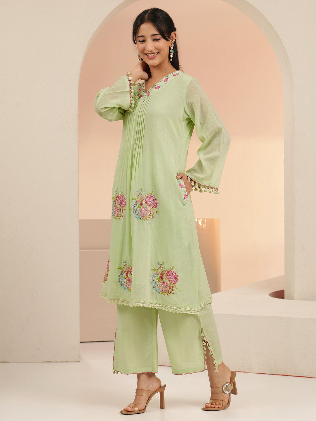  Libas Mint Green Peacock Motif Cotton A-Line Kurta Set 