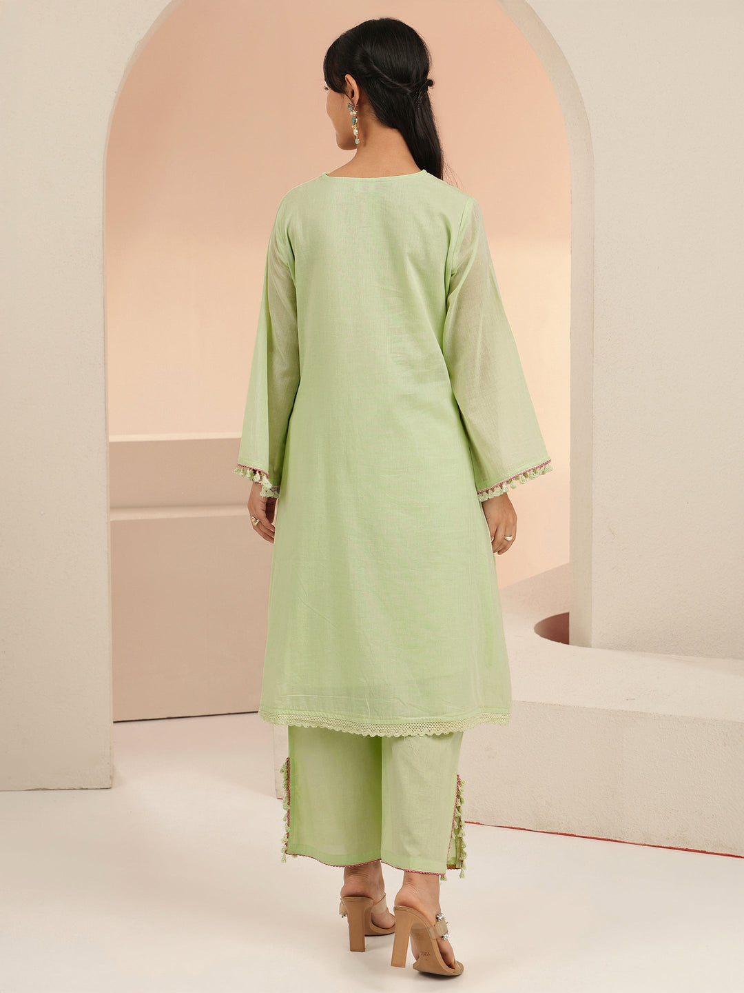  Libas Mint Green Peacock Motif Cotton A-Line Kurta Set 