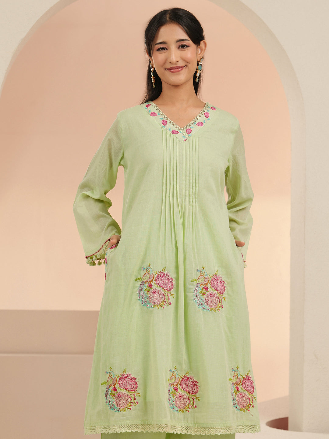  Libas Mint Green Peacock Motif Cotton A-Line Kurta Set 