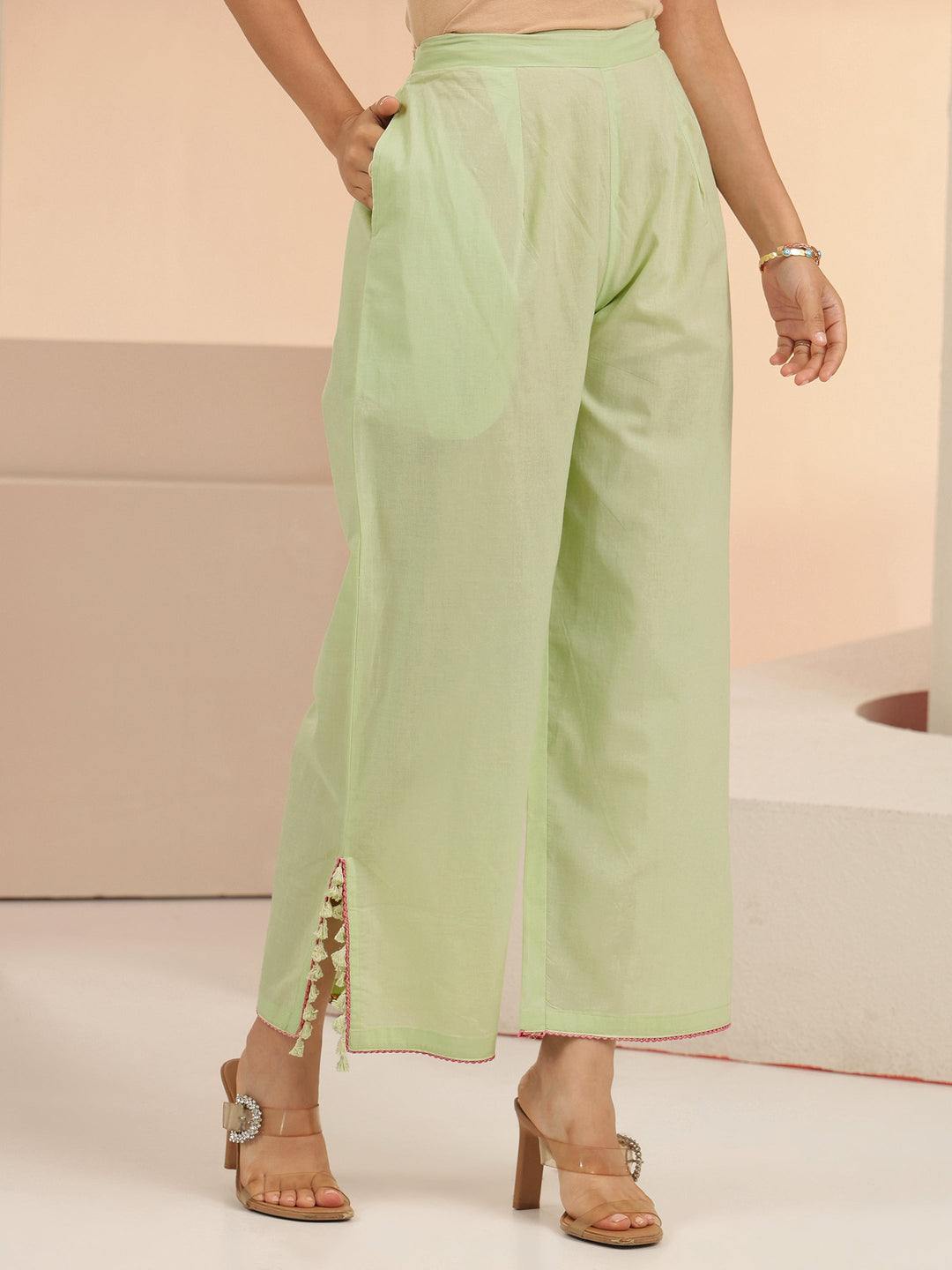  Libas Mint Green Peacock Motif Cotton A-Line Kurta Set 