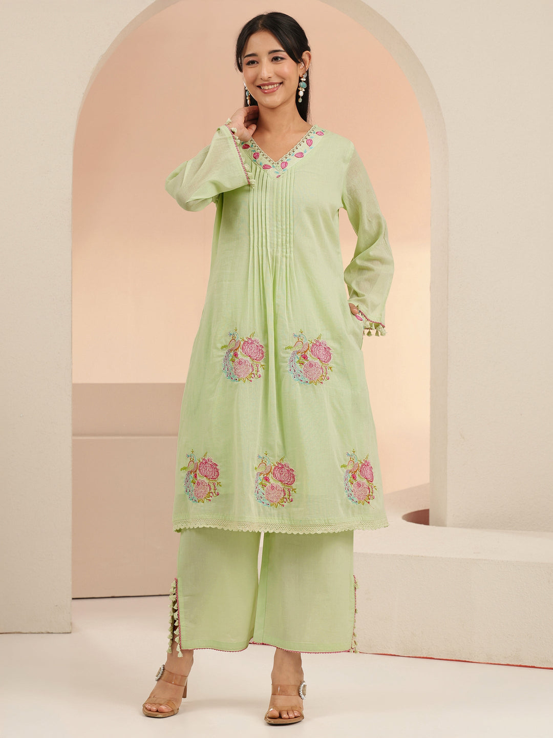 Libas Mint Green Peacock Motif Cotton A-Line Kurta Set 