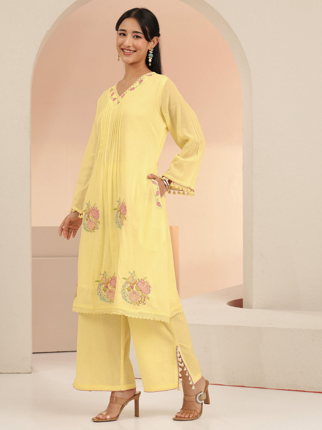  Libas Off White Peacock Motif Cotton A-Line Kurta Set 