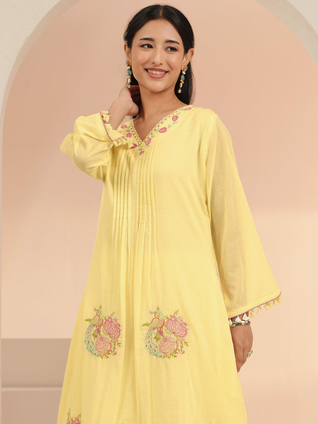  Libas Off White Peacock Motif Cotton A-Line Kurta Set 