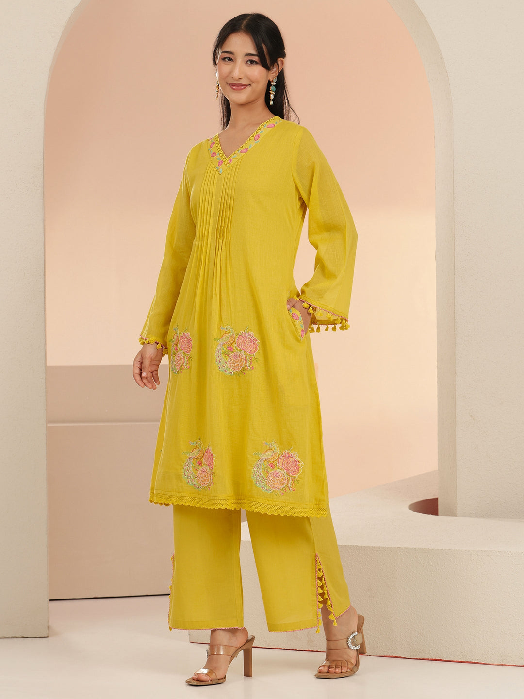  Libas Yellow Peacock Motif Cotton A-Line Kurta Set 