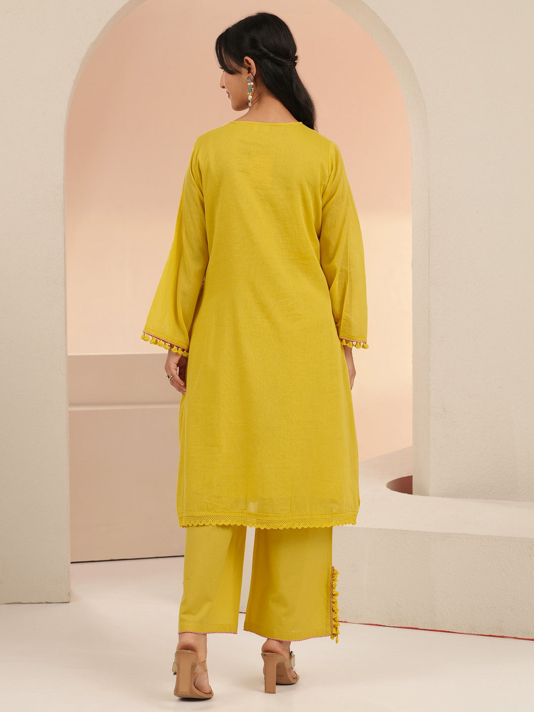  Libas Yellow Peacock Motif Cotton A-Line Kurta Set 