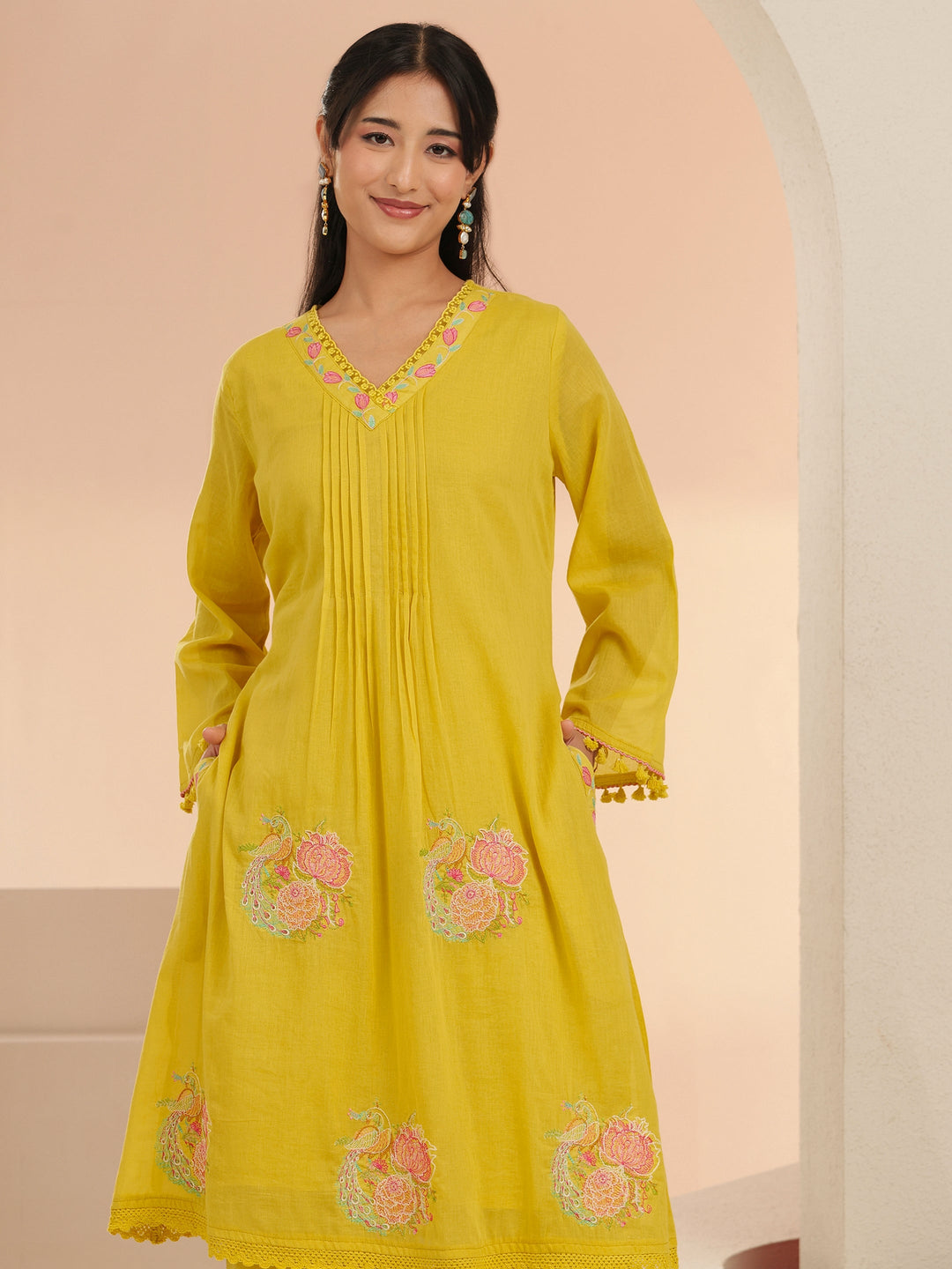  Libas Yellow Peacock Motif Cotton A-Line Kurta Set 