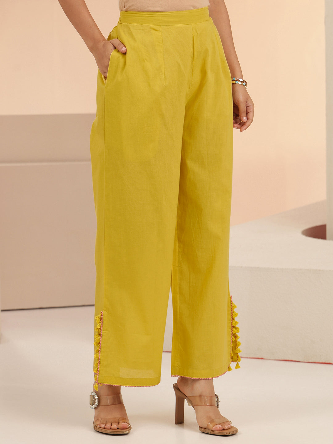  Libas Yellow Peacock Motif Cotton A-Line Kurta Set 