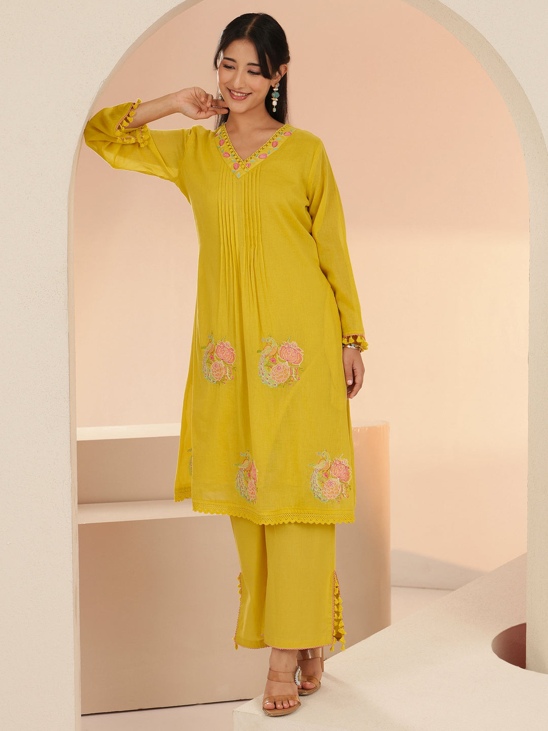  Libas Yellow Peacock Motif Cotton A-Line Kurta Set 