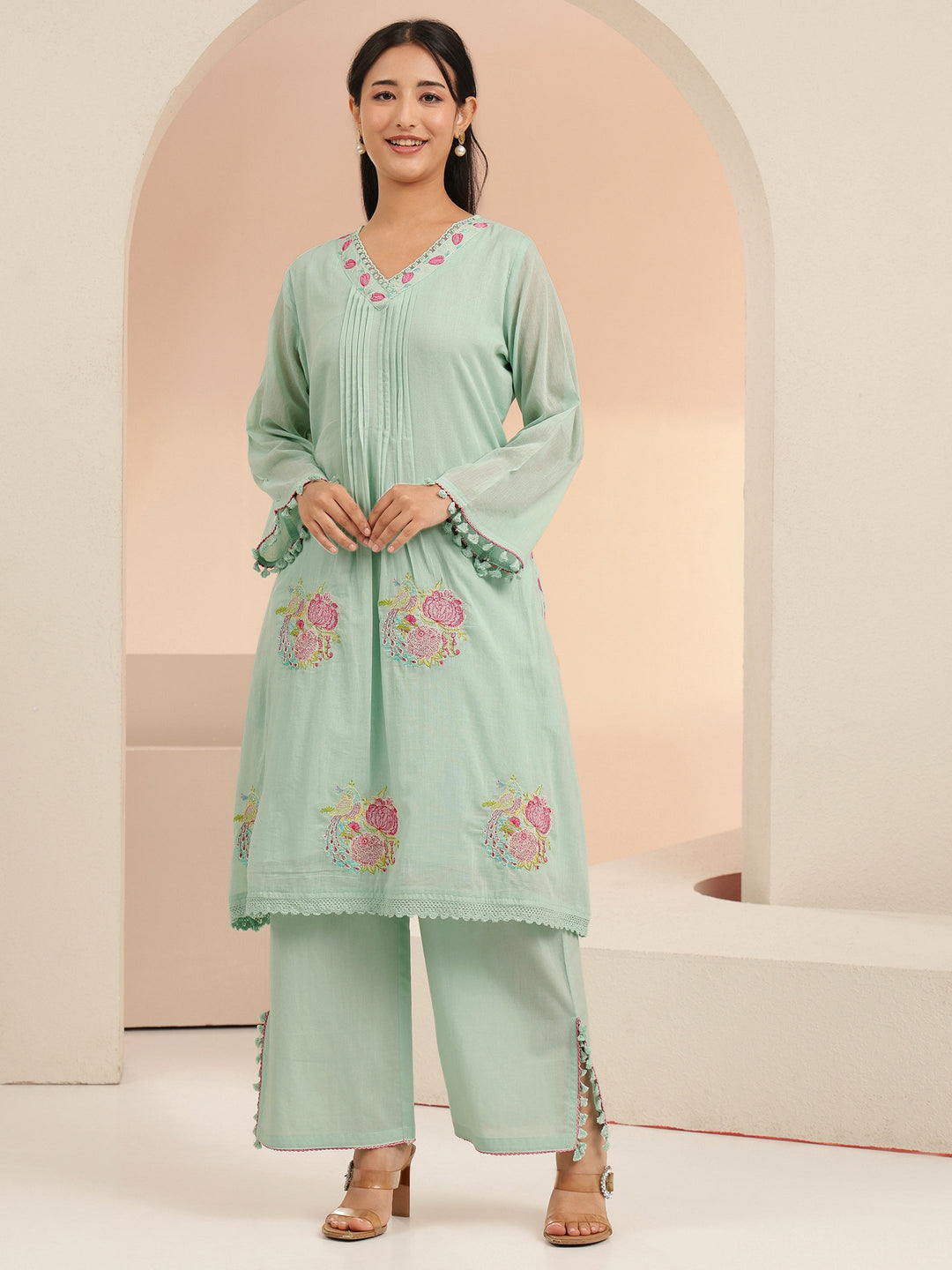  Libas Mint Green Peacock Motif Cotton A-Line Kurta Set 