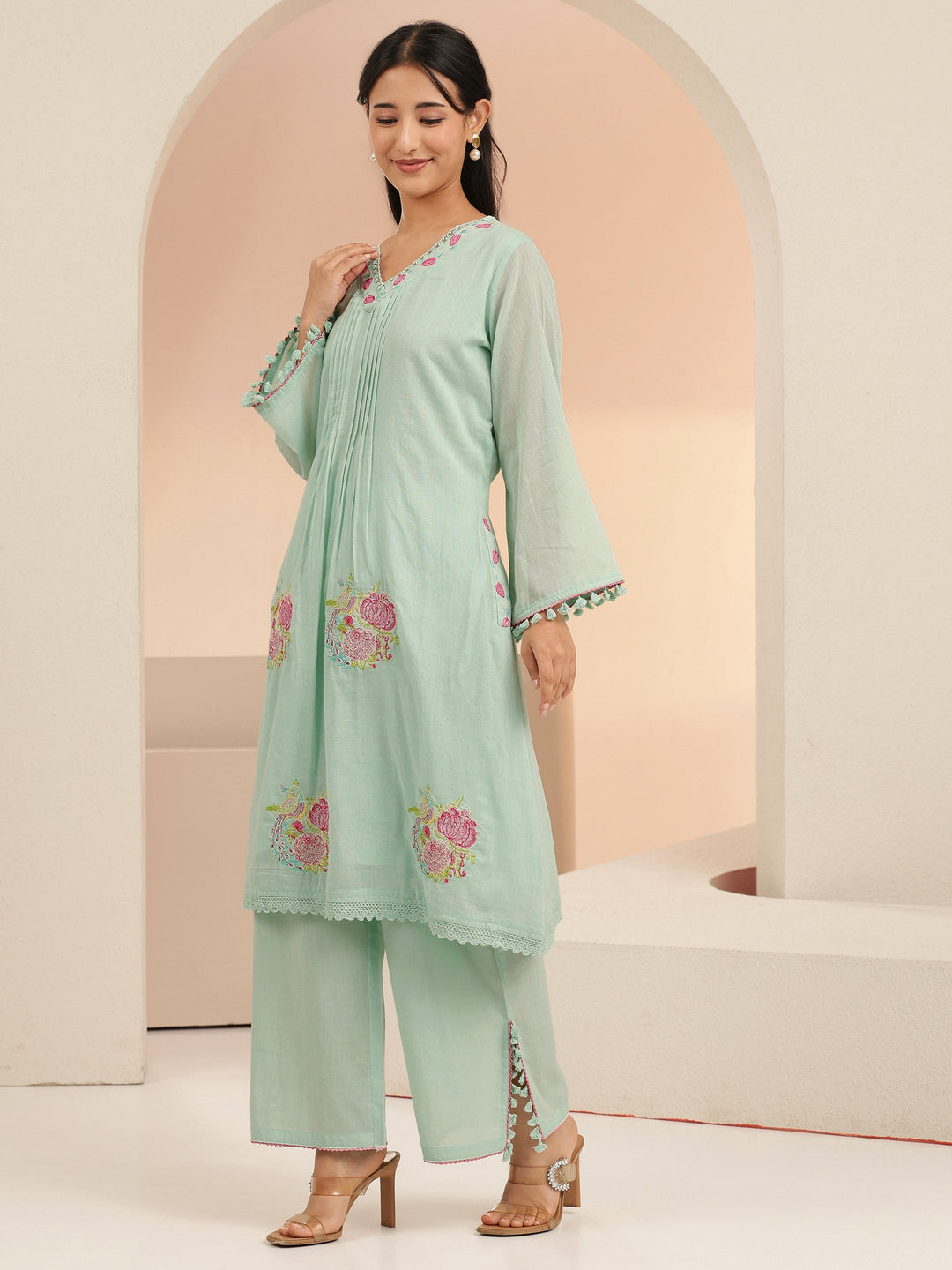  Libas Mint Green Peacock Motif Cotton A-Line Kurta Set 