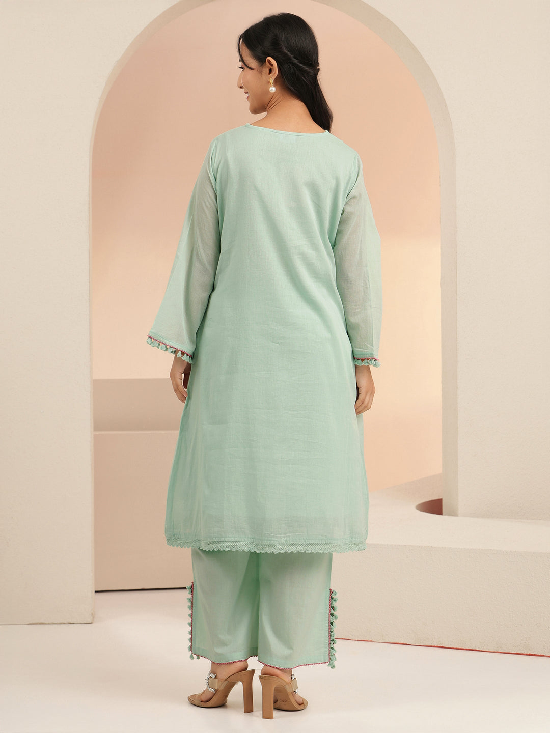  Libas Mint Green Peacock Motif Cotton A-Line Kurta Set 