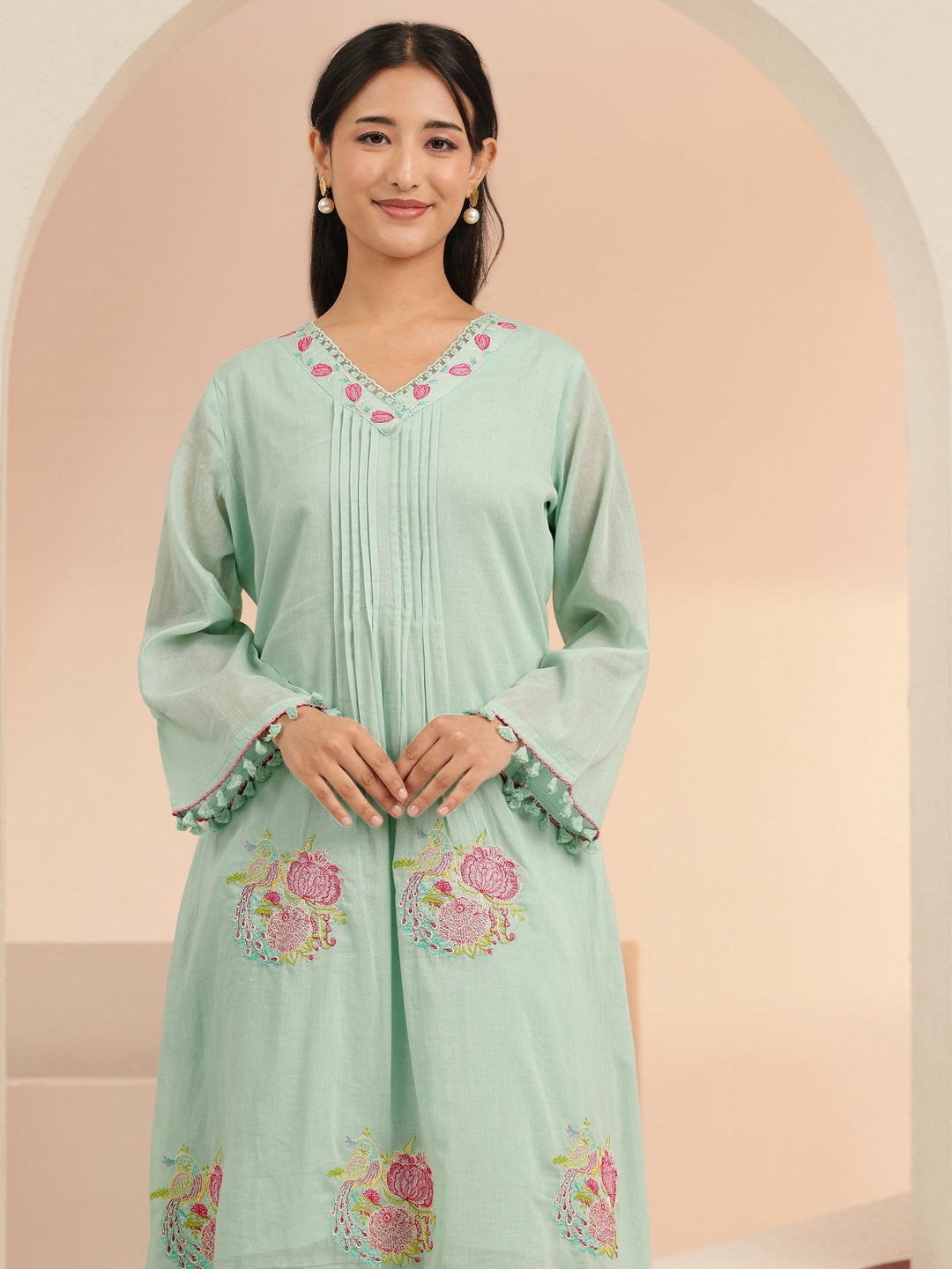  Libas Mint Green Peacock Motif Cotton A-Line Kurta Set 