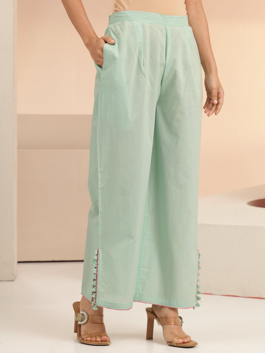  Libas Mint Green Peacock Motif Cotton A-Line Kurta Set 
