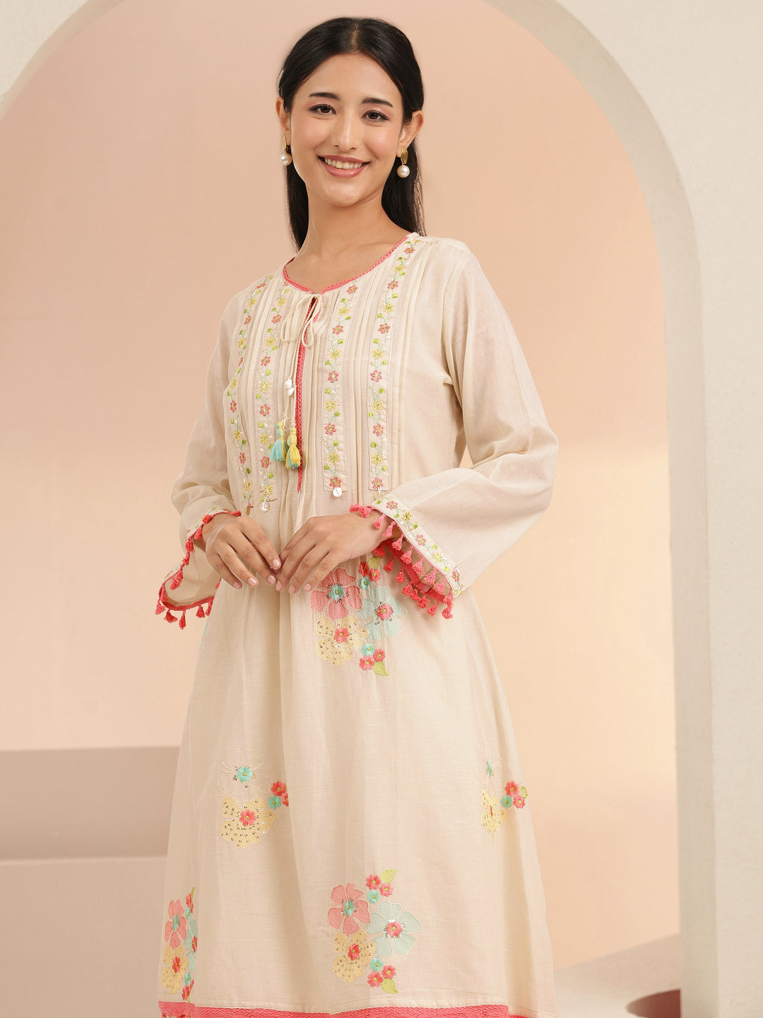  Libas Off White Floral Embroidered Cotton A-Line Kurta Set 