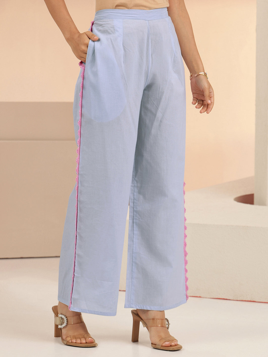  Libas Periwinkle Blue Floral Embroidered Cotton A-Line Kurta Set 