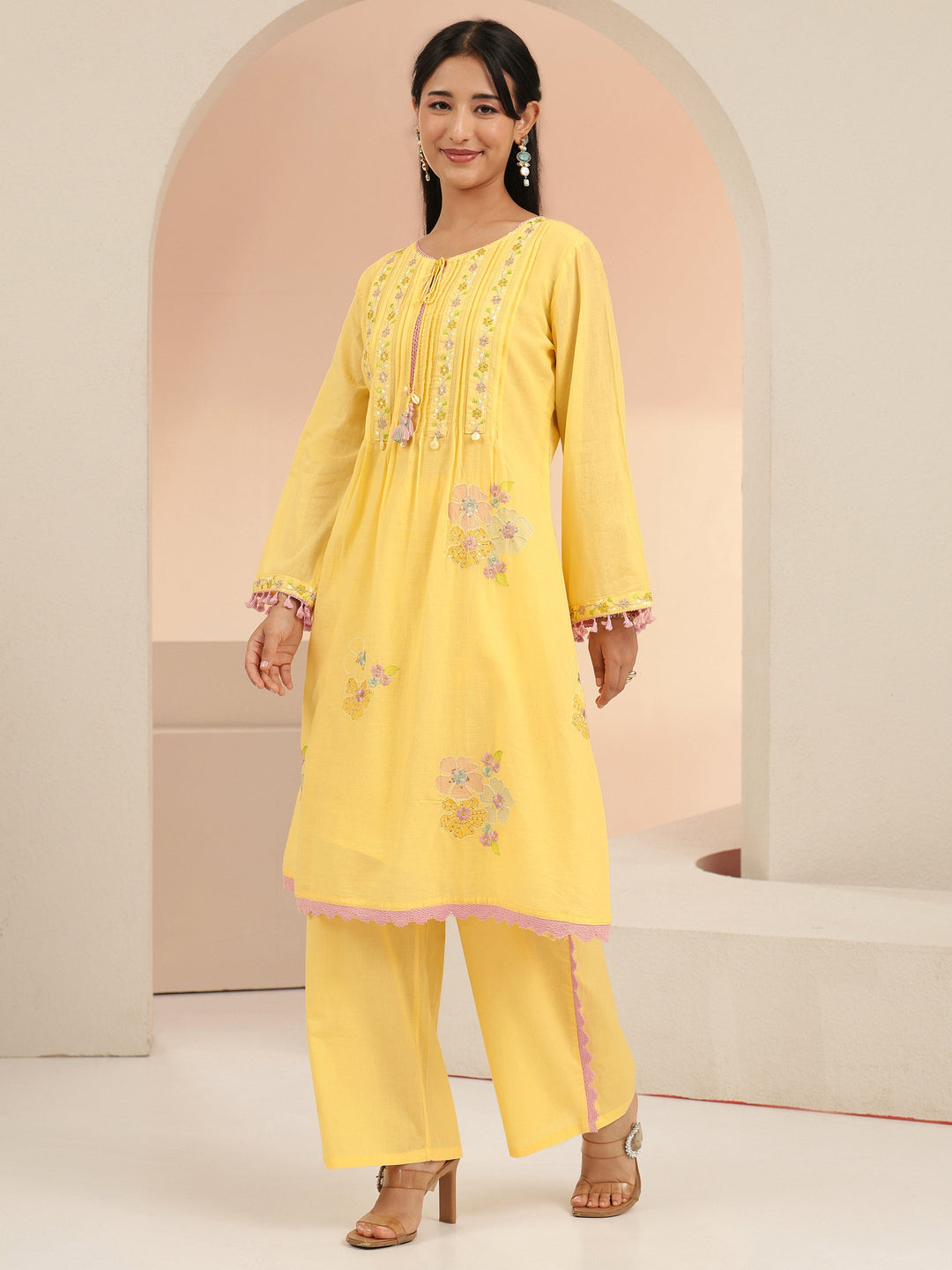  Libas Daffodil Yellow Floral Embroidered Cotton A-Line Kurta Set 